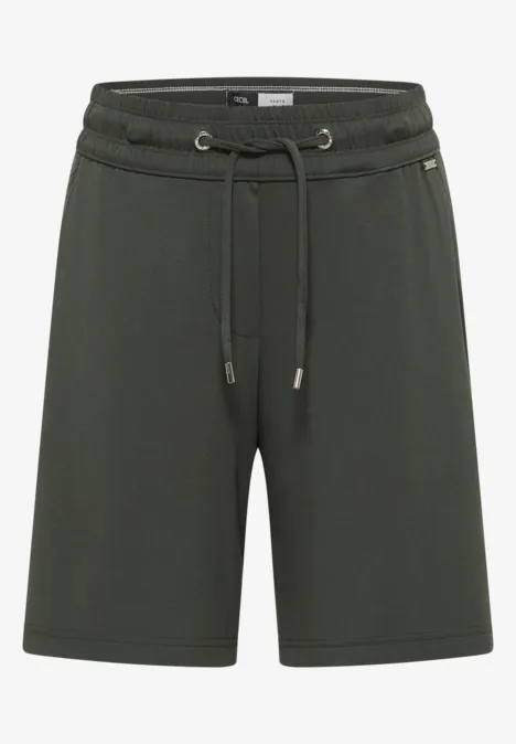 Dunkelgrüne Baumwoll-Shorts mit elastischem Bund, Tunnelzug und aufgesetzten Taschen.