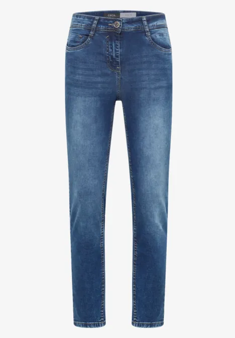 High Waist Slim Leg Jeans im Slim Fit mid blue used wash