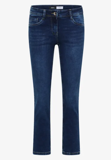 Dunkelblaue Jeans mit geradem Bein und klassischem Five-Pocket-Stil.