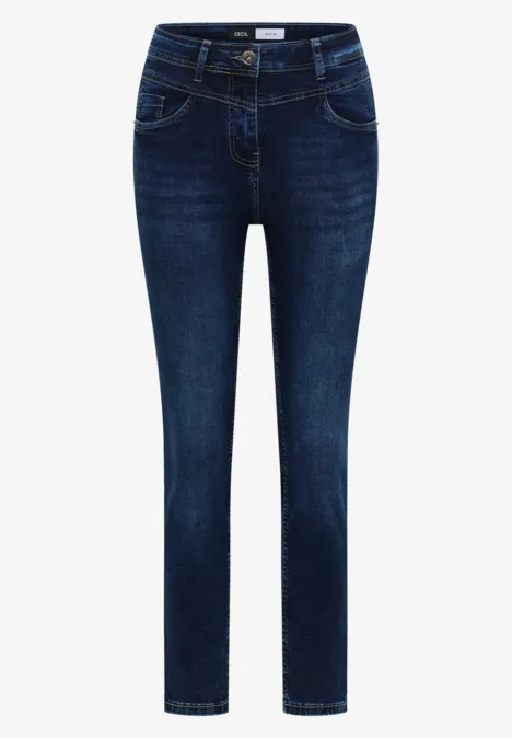 Dunkelblaue Slim-Fit-Damenjeans mit klassischem Fünf-Pocket-Design und Gürtelschlaufen.