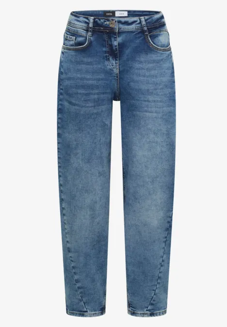 High Waist Barrel Leg Jeans im Loose Fit light blue used wash Hoch taillierte, gerade geschnittene blaue Jeanshose mit fünf Taschen und Gürtelschlaufen