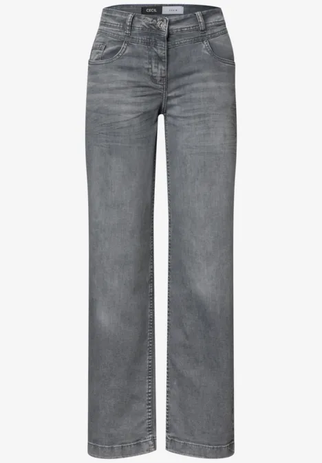 High Waist Wide Leg Jeans im Loose Fit light grey wash Graue Jeans mit weitem Bein, hohem Bund, 5 Taschen und Knopfverschluss.