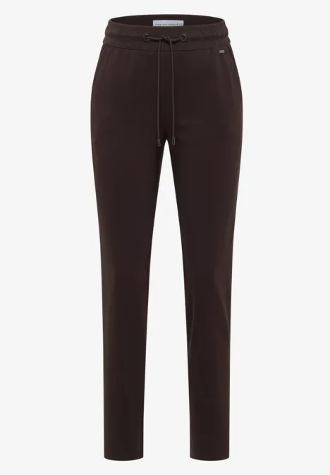 Schlanke braune Freizeithose mit elastischem Bund und Kordelzug