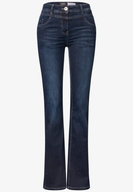 Dunkle, hochgeschnittene Damenjeans mit geradem Bein, Knopfverschluss und typischen Ziernähten.