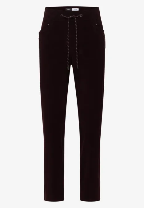 Mid Waist Slim Leg Hose im Casual Fit berry red Dunkle Cordhose mit Kordelzug in der Taille, gerader Schnitt und seitlichen Eingrifftaschen.