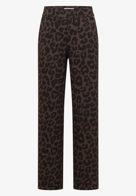 Braune Damenhose mit durchgehendem Leopardenmuster und geradem Schnitt.