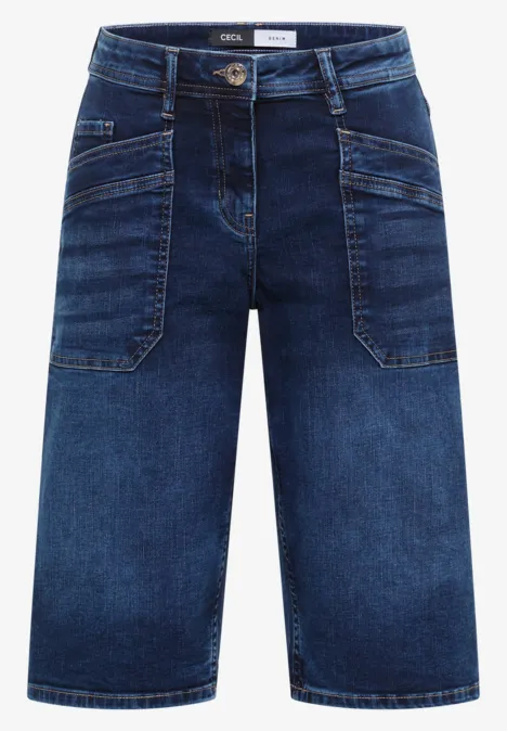 Donkere denim kortebroek tot op de knie met steekzakken en knoopsluiting