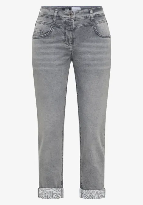 Grijze jeans met rechte pijpen, omslagzoom, mid-rise taille en klassieke 5-pocketstijl.