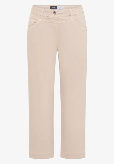 Pantalon capri beige, coupe droite avec poches latérales, décontracté et polyvalent