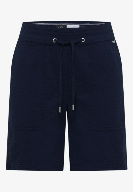 Dunkelblaue Bermudashorts mit elastischem Bund, Kordelzug und leicht strukturierter Oberfläche.