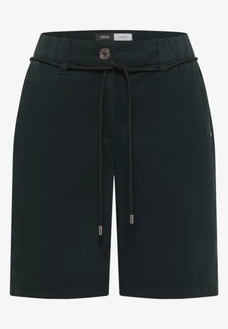 Dunkelgrüne Bermudashorts in hoher Taille mit Kordelzug und Eingrifftaschen.