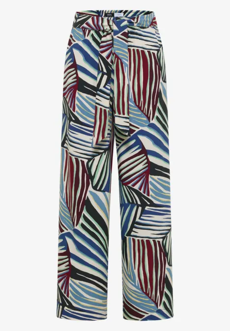 Pantalon ample en tissu fluide avec motif abstrait multicolore et taille haute.