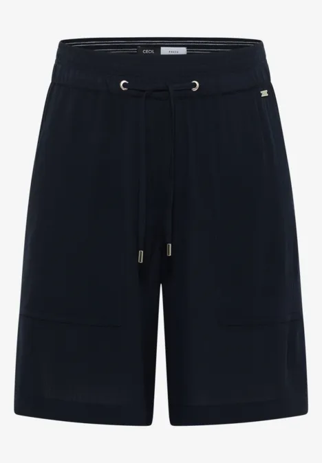 Donkerblauwe vrijetijdsshorts met elastische taille, trekkoord en opgenaaide zakken.