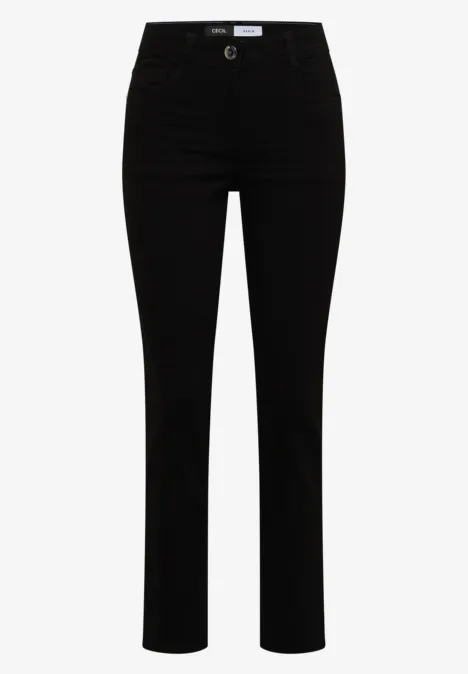 Pantalon noir droit taille haute avec fermeture éclair et bouton à l’avant.