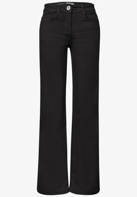 High Waist Wide Leg Jeans im Slim Fit Black Schwarze, hoch geschnittene Schlaghose aus Denim mit Knopf- und Reißverschluss.
