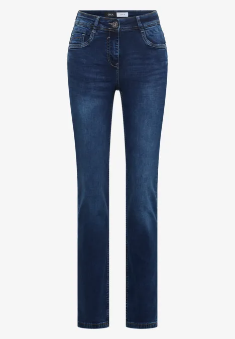 Jeans met High Waist en smalle pijpen in Slim Fit mid blue wash Donkerblauwe, recht gesneden jeans met klassieke vijfzakkenconstructie en normale taille.