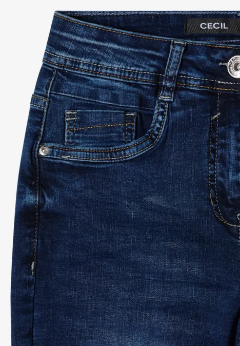 Jeans met High Waist en smalle pijpen in Slim Fit mid blue wash Donkerblauwe spijkerbroek met voorzak, ceintuurlussen en zichtbaar label.