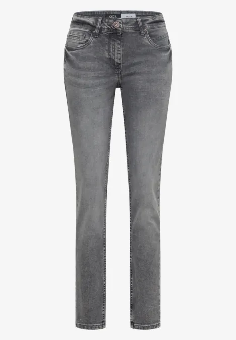 Jeans met Mid Waist-taille en Slim Leg-pijpen in casual pasvorm light grey wash Grijze rechte jeans met smalle pijpen, vijfzakkenmodel en subtiel used-effect.