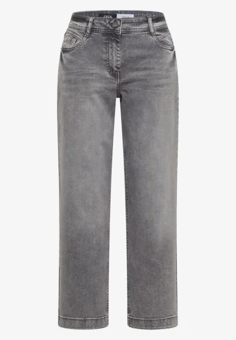 Graue Jeans in geradem Schnitt mit hohem Bund und Five-Pocket-Design.