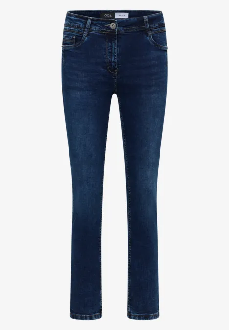 Dunkelblaue Damenjeans mit geradem Schnitt und klassischen Taschen.