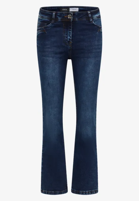 High Waist Bootcut Jeans im Slim Fit mid blue used wash Dunkelblaue Schlagjeans aus Denim mit hohem Bund und ausgestelltem Bein.
