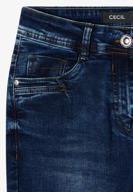 High Waist Bootcut Jeans im Slim Fit mid blue used wash Dunkelblaue Denim-Jeans mit dezenter Waschung, sichtbarem Metallknopf und klassischen Taschen.