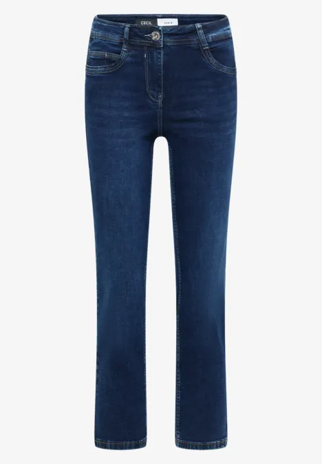 Dunkelblaue Jeans mit geradem Schnitt und fünf Taschen, schlichtes Design.