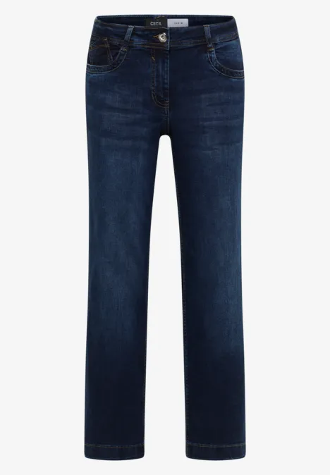 Dunkelblaue Jeans mit geradem Bein, fünf Taschen und Knopfverschluss.