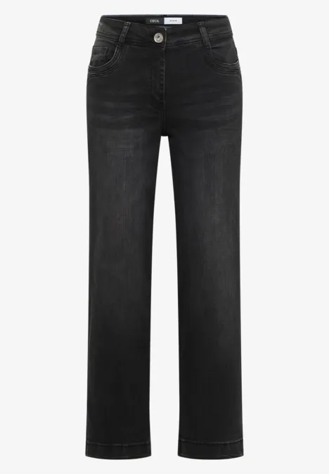 Schwarze Jeans mit geradem Bein, fünf Taschen und Knopfverschluss.