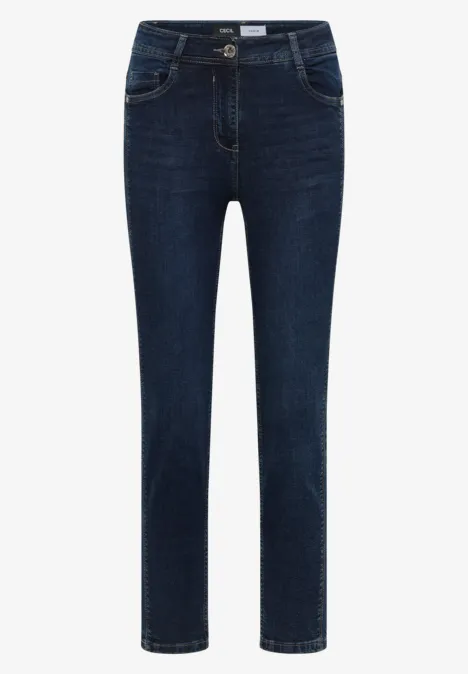 Jean bleu foncé pour femme, coupe droite avec cinq poches classiques.