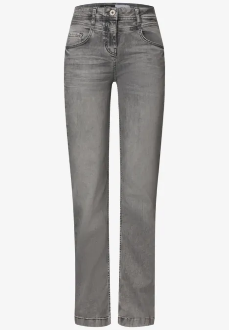 Grijze jeans met rechte pasvorm, vijf zakken en een klassieke knoop-ritssluiting.