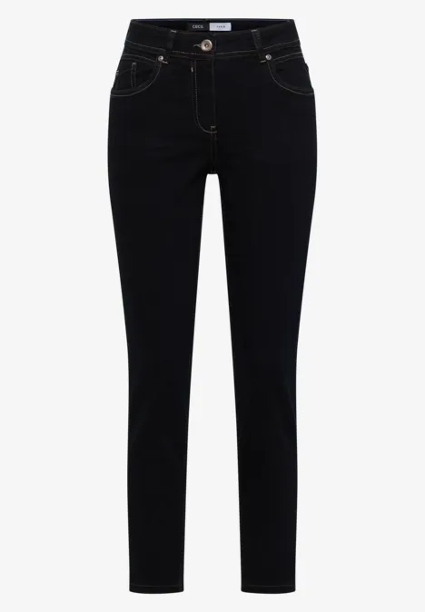 Schwarze Slim-Fit-Jeans mit hohem Bund, schmalem Schnitt und klassischen Taschen.