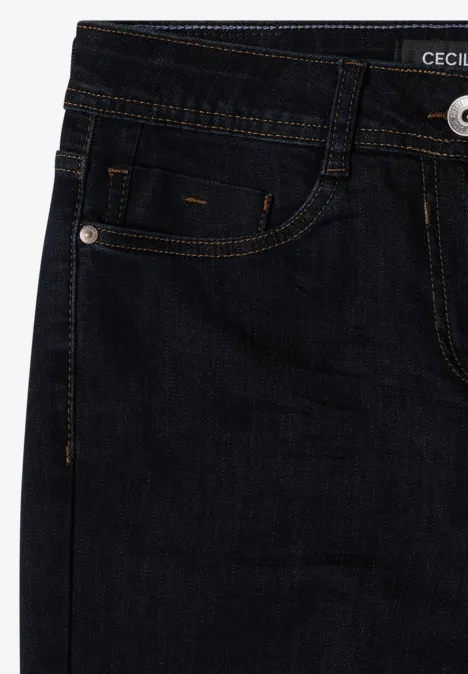 High Waist Slim Leg Jeans Slim Fit rinsed wash Dunkle Jeanshose aus Denim mit sichtbarem Knopf und mehreren Taschen.