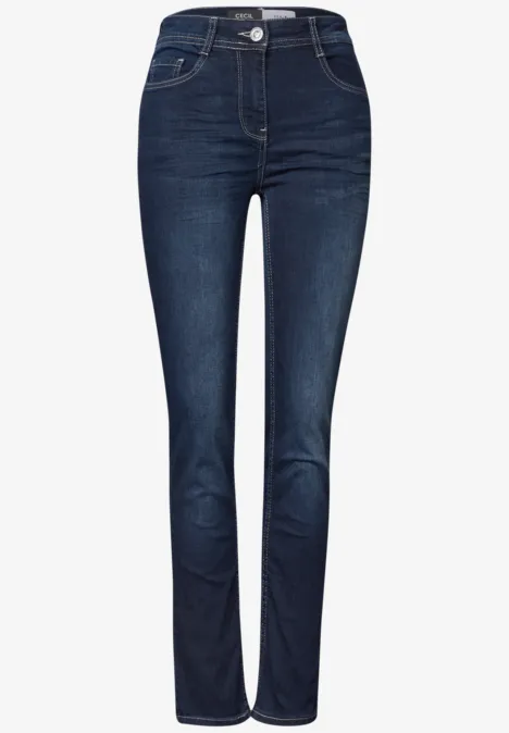 Donkerblauwe, hoog getailleerde jeans met rechte pijpen en klassiek vijfzakkenmodel.