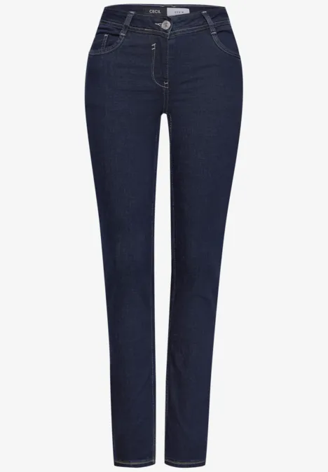Mid Waist Straight Leg Jeans im Casual Fit rinsed wash Dunkelblaue Damenjeans in geradem Schnitt mit fünf Taschen und mittlerer Taille.