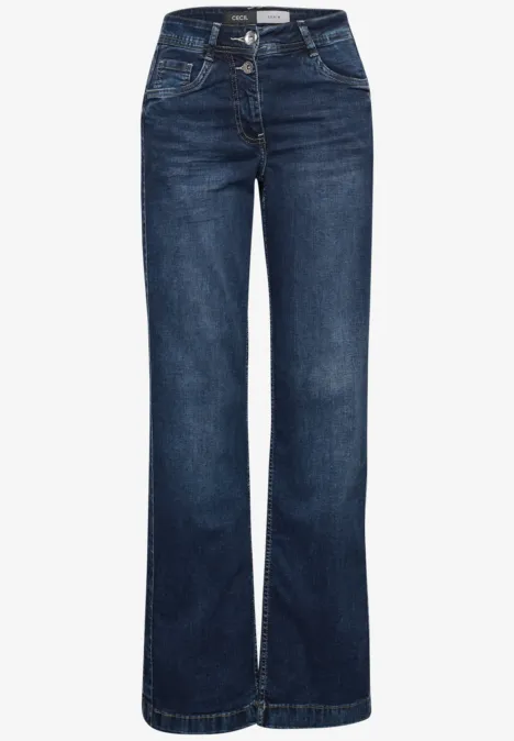 Wide Leg Jeans mit Gallonstreifen mid blue used wash Dunkelblaue Jeans mit weitem Bein, hoher Taille und klassischem Fünf-Taschen-Design.