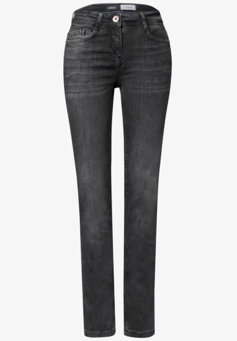 Schwarze, gerade geschnittene Jeans mit hoher Taille und klassischem Knopf- und Reißverschluss.