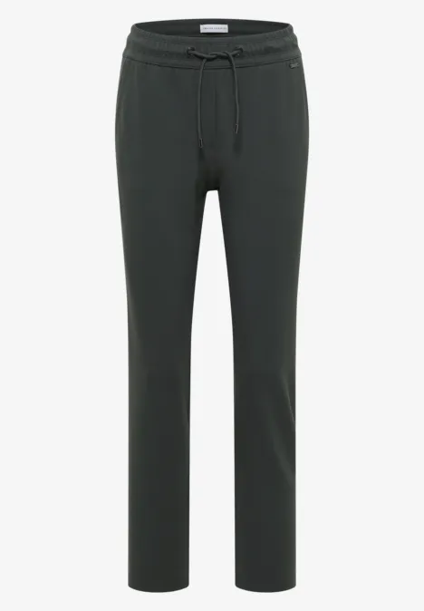 Eenvoudige donkergrijze joggingbroek met elastische tailleband en koordje.