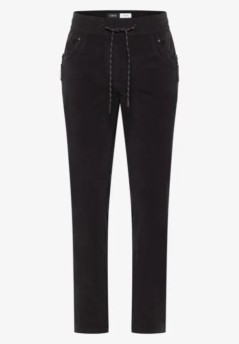 Pantalon noir à taille coulissante, coupe droite et style décontracté.