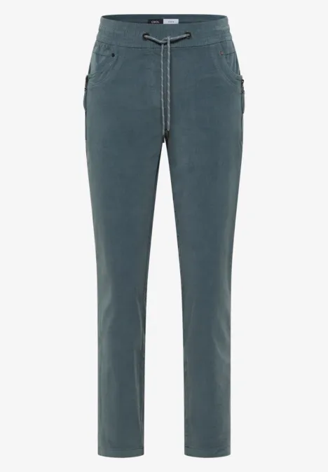 Pantalon gris foncé taille élastiquée avec cordon et poches latérales.