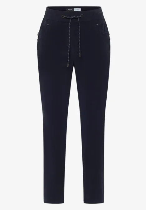 Pantalon bleu marine décontracté avec taille élastique, cordon de serrage et poches latérales.