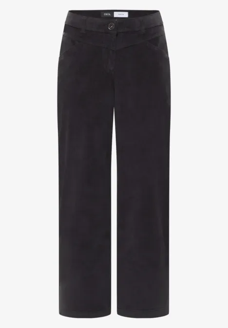 Pantalon en velours côtelé noir, coupe droite, passants de ceinture et poches latérales.