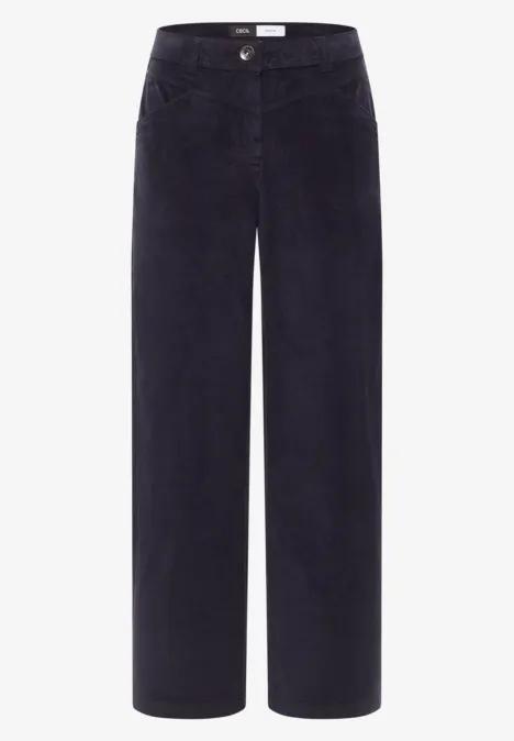 Pantalon en velours côtelé bleu foncé, coupe droite et taille haute