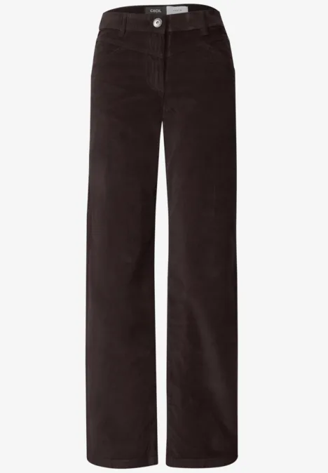 Schwarze Cordhose mit weitem Bein, hoher Taille und Knopfverschluss.