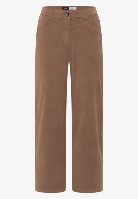 Pantalon en velours côtelé marron, coupe ample et taille haute.