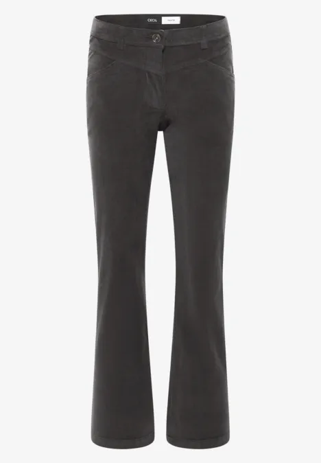 Pantalon en velours côtelé noir, coupe évasée, taille mi-haute avec bouton.