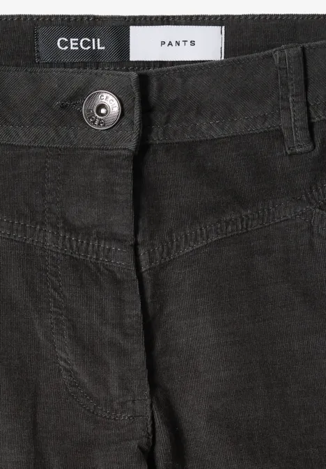 Pantalon noir en velours côtelé avec bouton, fermeture éclair, passants de ceinture et étiquette de marque 'CECIL'.
