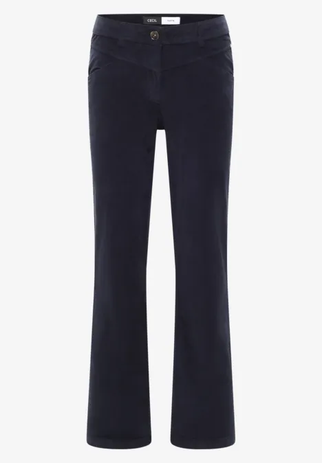 Pantalon femme bleu marine coupe évasée, taille mi-haute, poches et fermeture par bouton et glissière.
