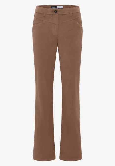 Pantalon marron clair pour femme, taille mi-haute, jambe évasée.