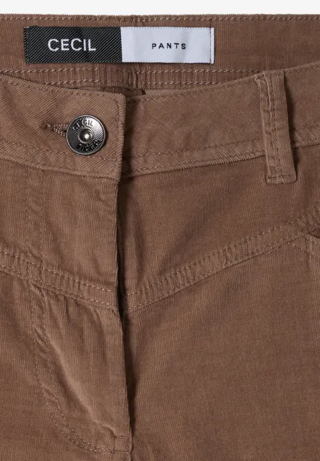 Pantalon en velours côtelé marron CECIL avec bouton et passants de ceinture